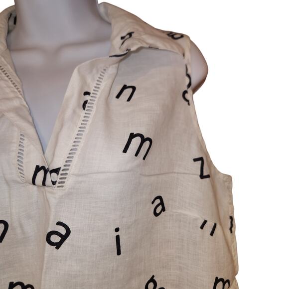 Chico's 100% Linen "Amazing" Letter Sleeveless Top White And Black Sz 0 Small - Picture 2 of 5